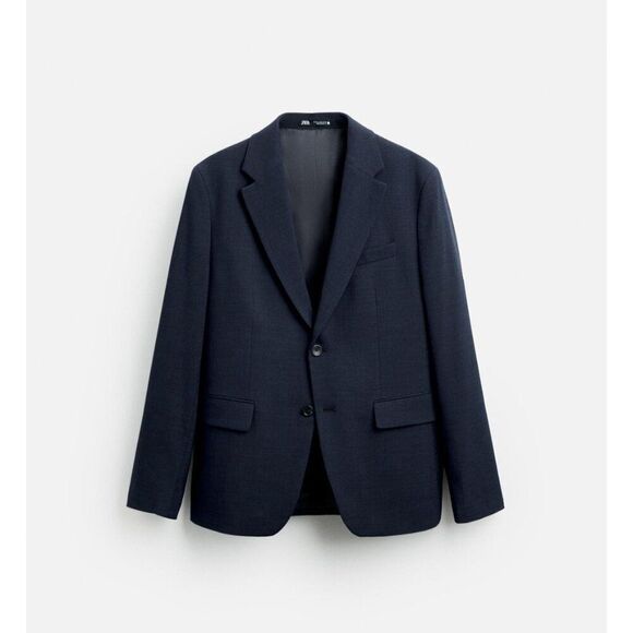 Zara Mens Suit Jacket Blazer EU 54 US 44 Navy Blue Textured wool 5682/418 NWT